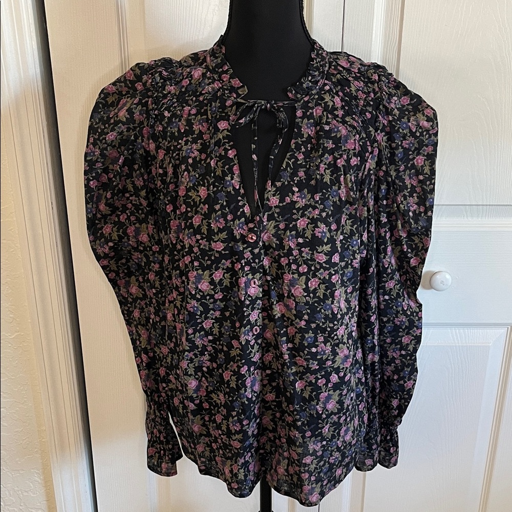 Free People Meant To Be Black Floral Cotton Puff Sleeve Top Small Cottagecore